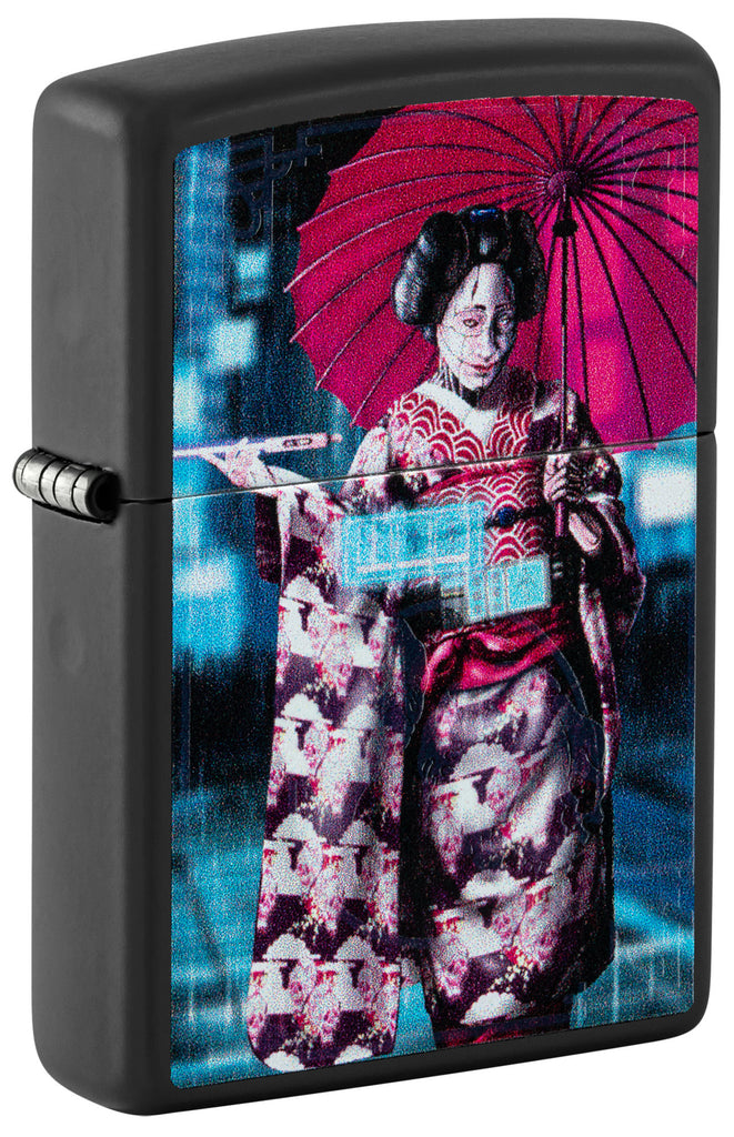 Front shot of Zippo Black Light Cyber Kimono Design Black Matte Windproof Lighter standing at a 3/4 angle.