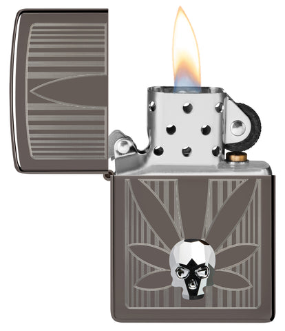 Zippo Cannabis Design Black Ice Windproof Lighter with its lid open and lit.