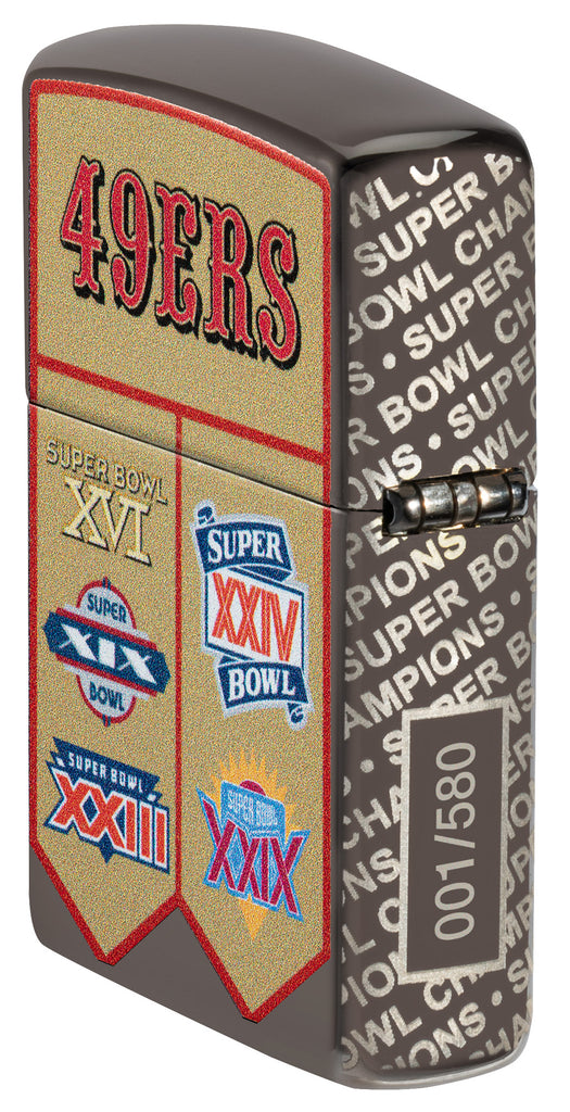 Angled shot of Zippo NFL San Francisco 49ers Super Bowl Commemorative Armor Black Ice Windproof Lighter showing the back and hinge side of the lighter.