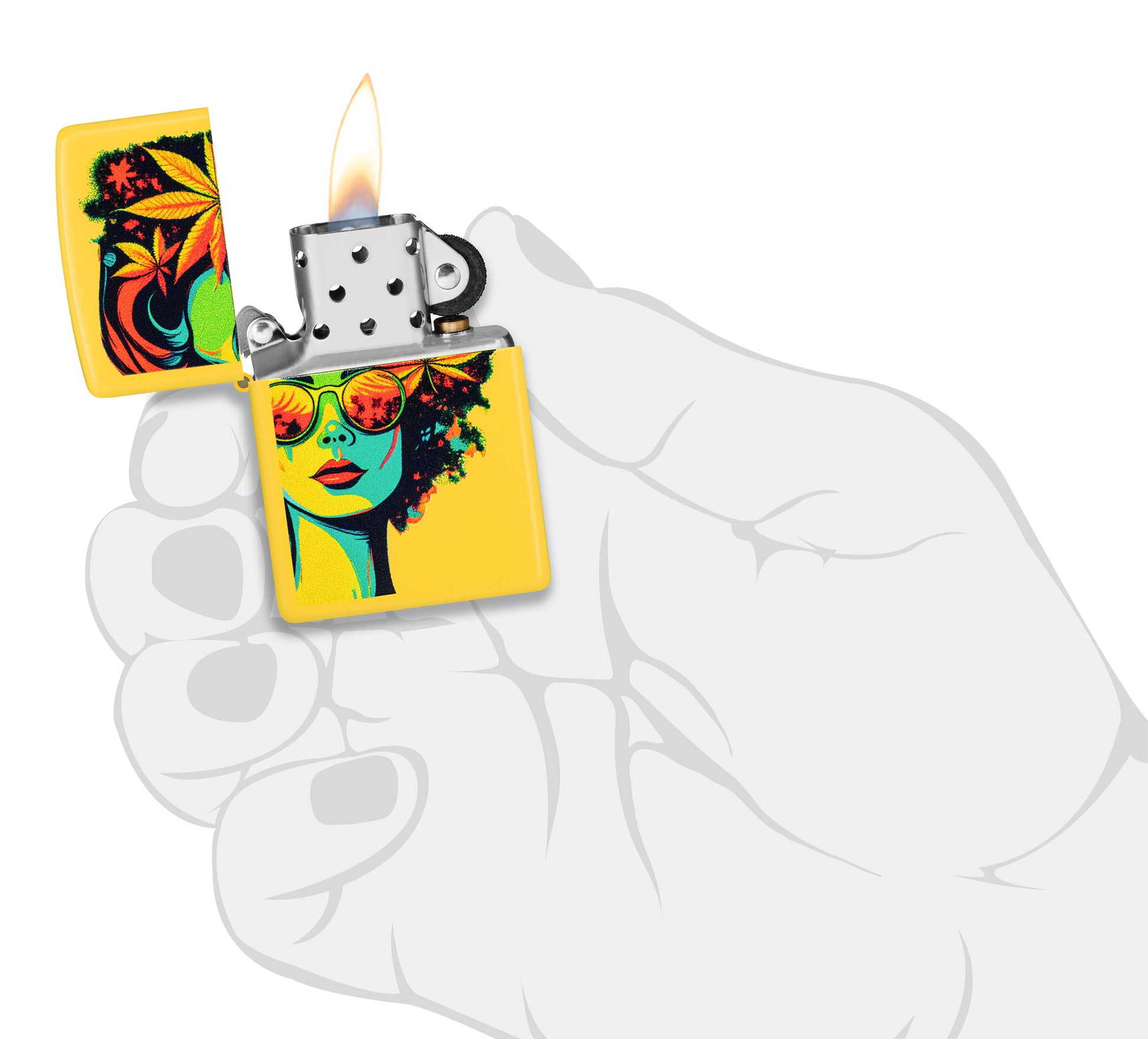Zippo Blazing Beauty Design Sunflower Windproof Lighter lit in hand.