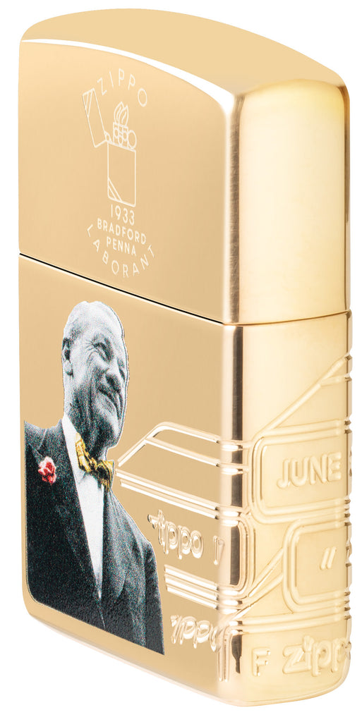 Angled shot of Zippo 2023 Founder's Day Collectible Armor High Polish Brass Windproof Lighter, showing the front and right side of the lighter.