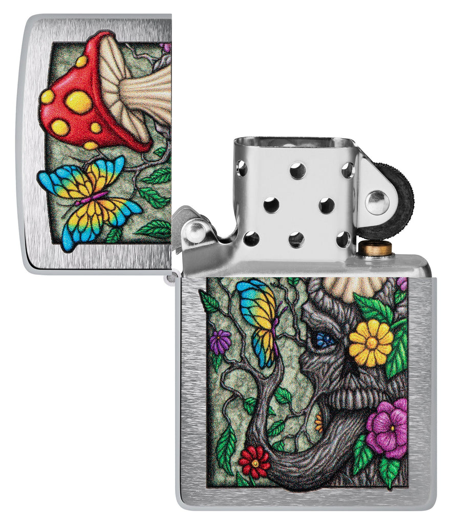 Zippo Freaky Nature Design Brushed Chrome Windproof Lighter with its lid open and unlit.