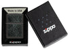 Zippo Pattern Design High Polish Black Windproof Lighter in its packaging.