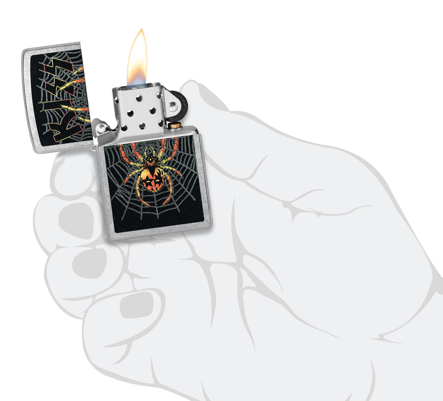 Zippo KISS® Spider Design Street Chrome Windproof Lighter lit in hand.