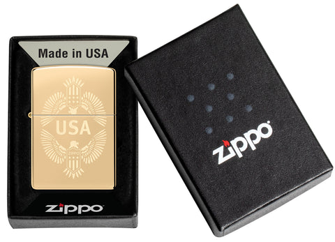 Zippo USA High Polish Brass Windproof Lighter in its packaging.