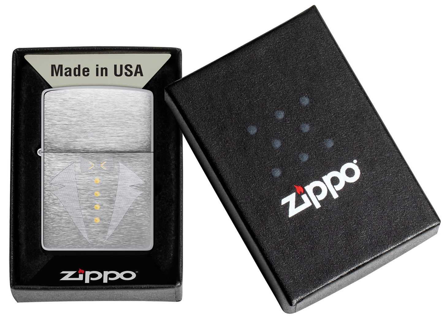 Gold Tux & Bowtie Design Windproof Lighter in its packaging