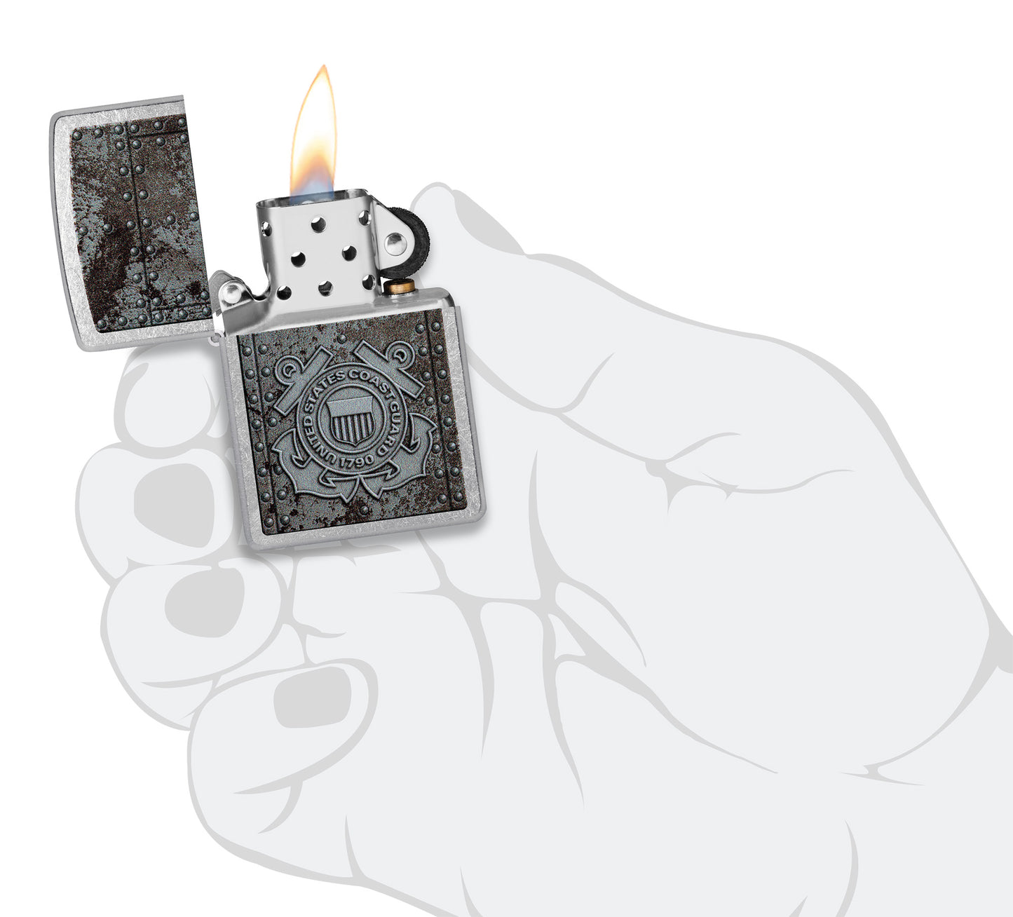 Zippo U.S. Coast Guard Windproof Lighter lit in hand.