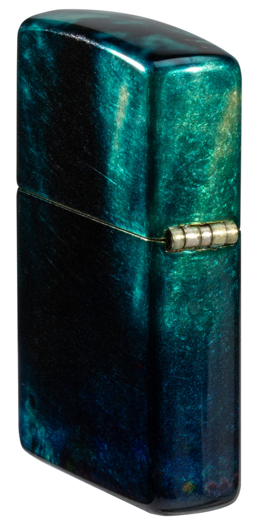 Angled shot of Zippo Anne Stokes Collection 540 Tumbled Brass Windproof Lighter showing the back and hinge side of the lighter.