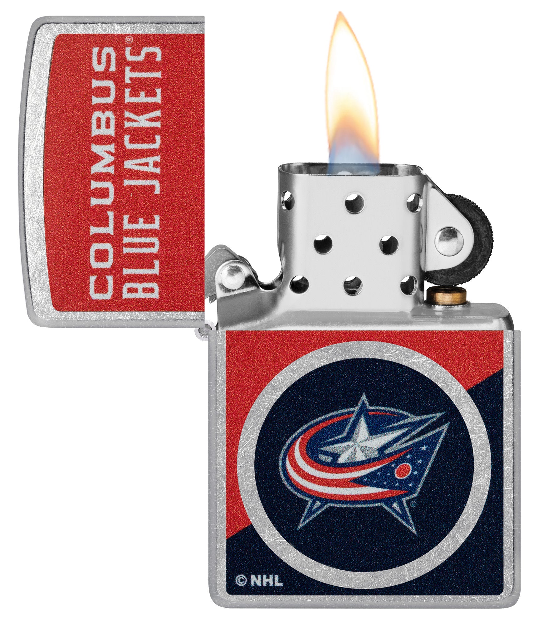 Zippo NHL® Columbus Blue Jackets® 2024 Street Chrome™ Windproof Lighter with its lid open and unlit.