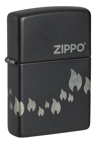 Front view of Zippo Design Black Matte with Chrome Windproof Lighter standing at a 3/4 angle.