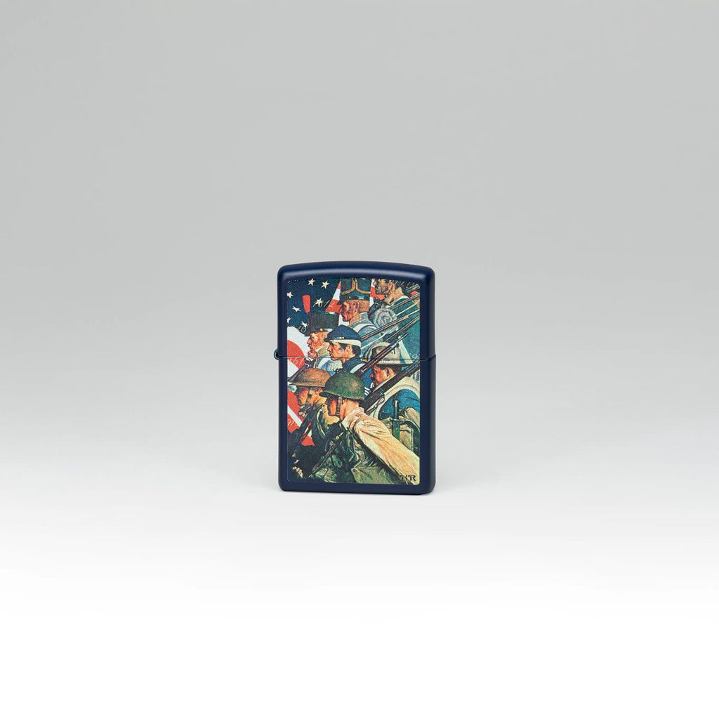 Lifestyle image of Zippo Norman Rockwell To Make Men Free Navy Matte Windproof Lighter standing in a grey scene.