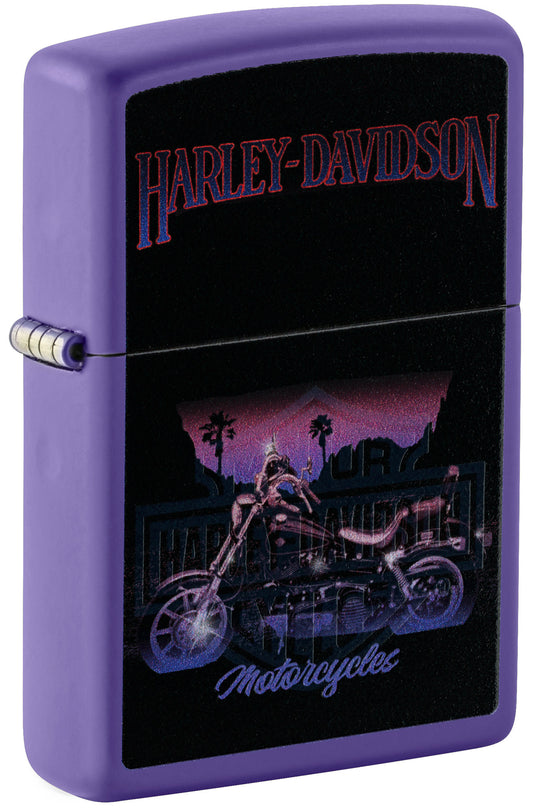 Front shot of Zippo Harley DavidsonÂ® Black Light Purple Matte Windproof Lighter standing at a 3/4 angle.