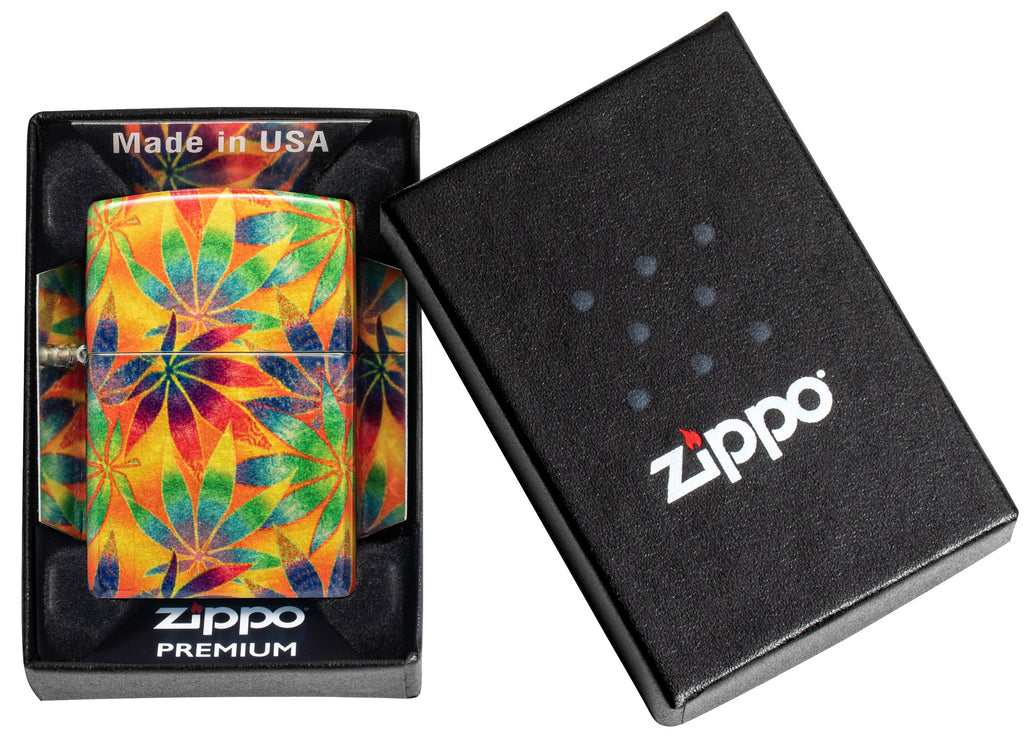 Zippo Cannabis Design 540 Tumbled Brass Windproof Lighter in its packaging.