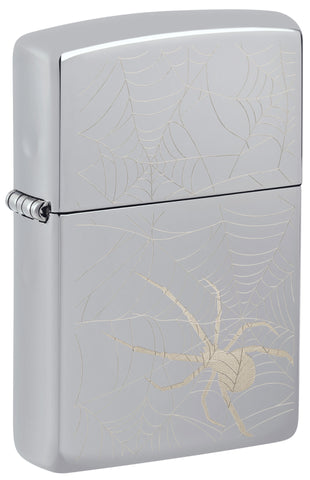 Front shot of Zippo Spider Web Design High Polish Chrome Windproof Lighter standing at a 3/4 angle.