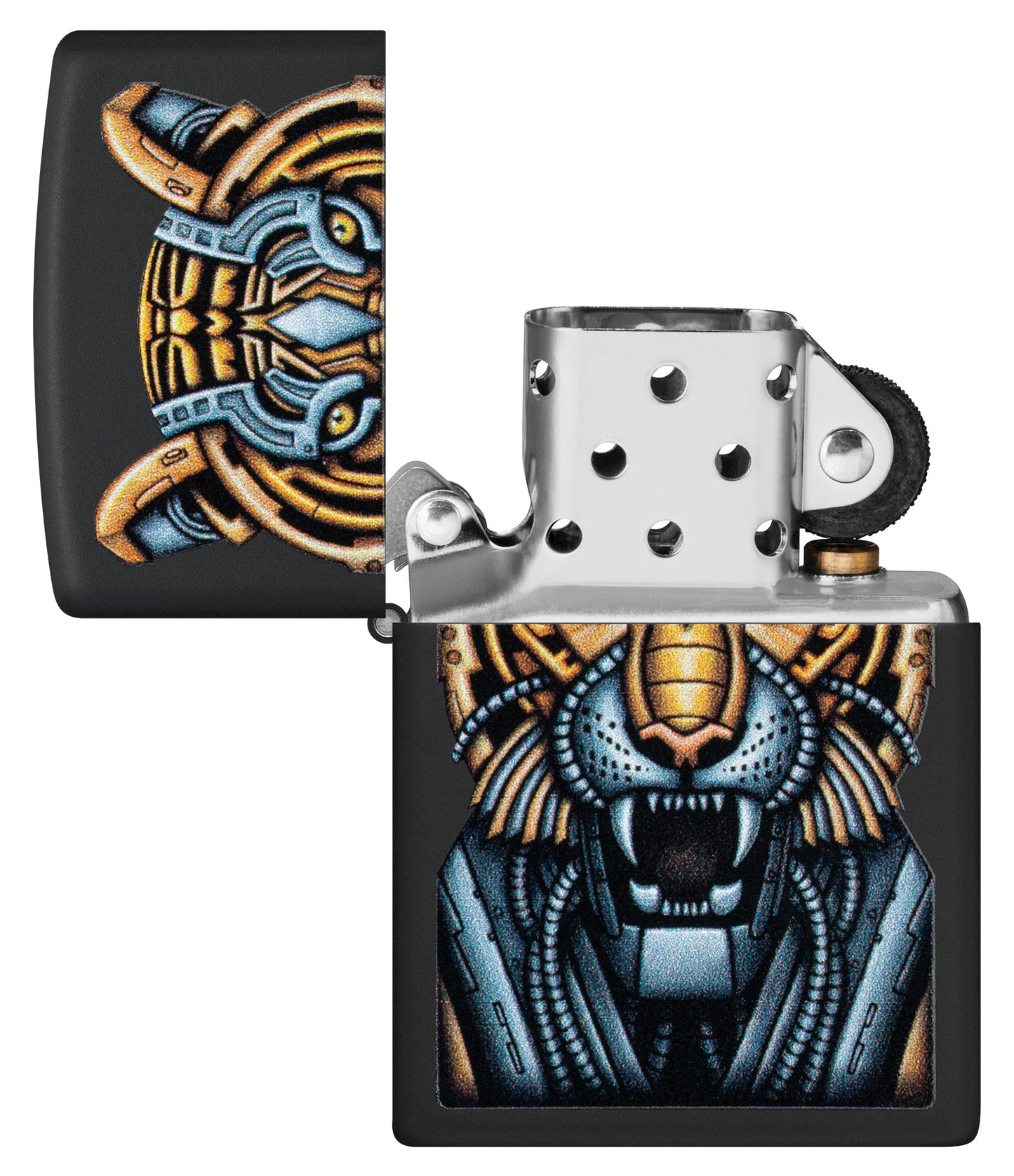 Zippo Bionic Tiger Design Black Matte Windproof Lighter with its lid open and unlit.