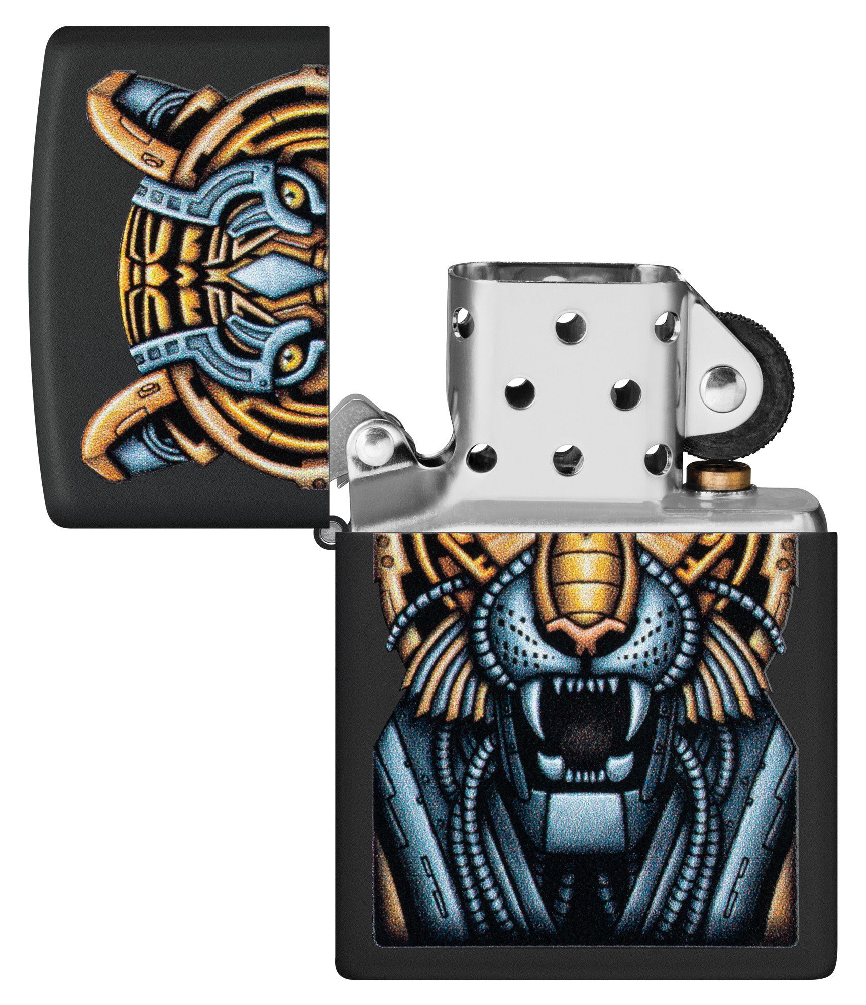Zippo Bionic Tiger Design Black Matte Windproof Lighter with its lid open and unlit.