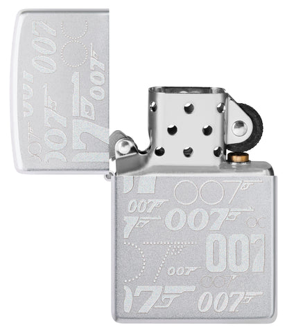 Zippo James Bond Satin Chrome Windproof Lighter with its lid open and unlit.