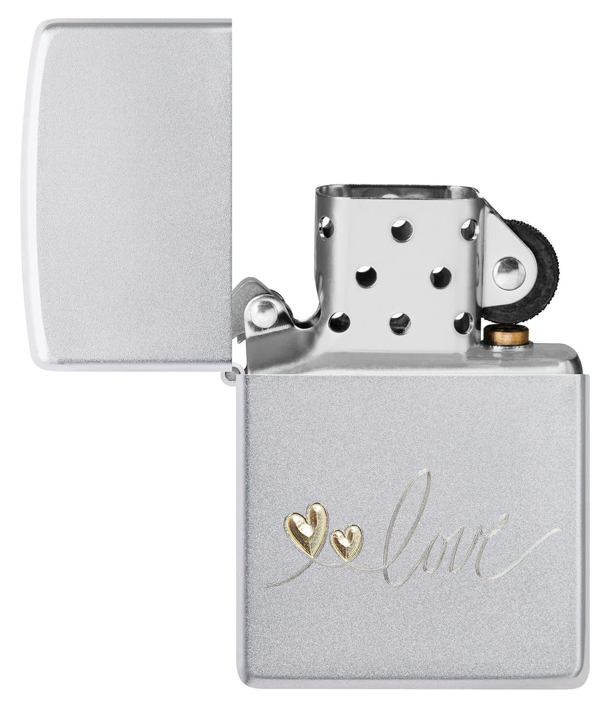 Zippo Love Design Satin Chrome Windproof Lighter with its lid open and unlit.