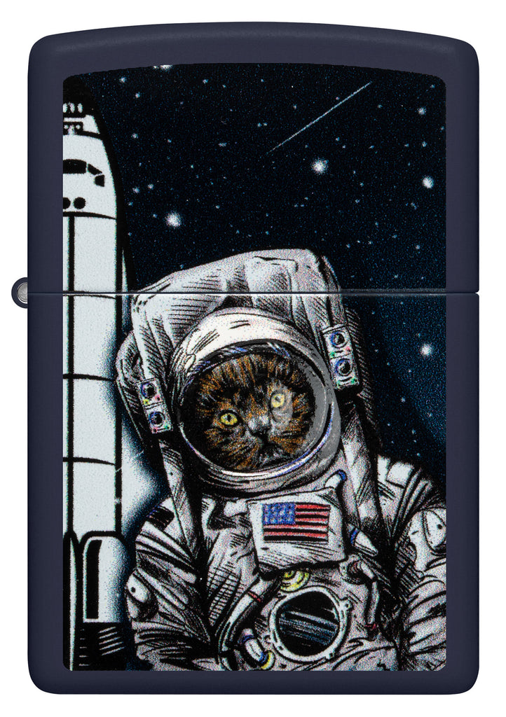 Front shot of Zippo Space Kitten Navy Matte Windproof Lighter.
