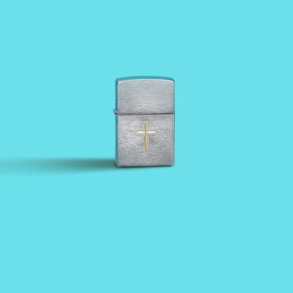 Lifestyle image of Zippo Angel Aura Design Brushed Chrome Windproof Lighter in a blue scene.