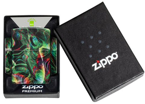 Zippo Psychedelic Swirl Design Glow in the Dark Green Matte Windproof Lighter in its packaging.