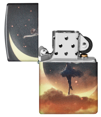 Zippo Mythological Design Glow in the Dark Green Matte Windproof Lighter with its lid open and unlit.