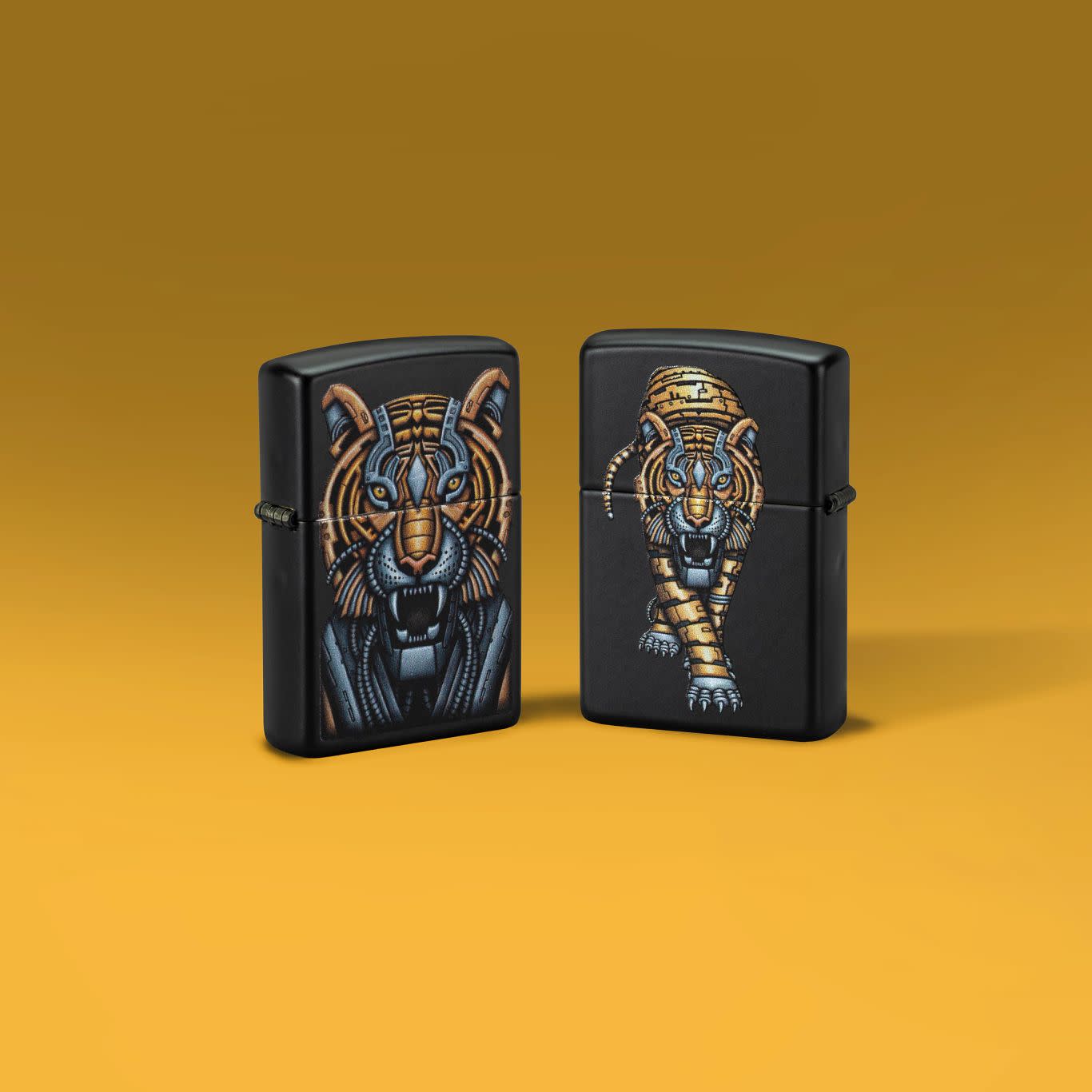 Glamour shot of two Zippo Bionic Tiger Design Black Matte Windproof Lighters standing in a yellow scene.