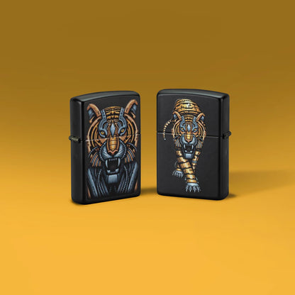Glamour shot of two Zippo Bionic Tiger Design Black Matte Windproof Lighters standing in a yellow scene.