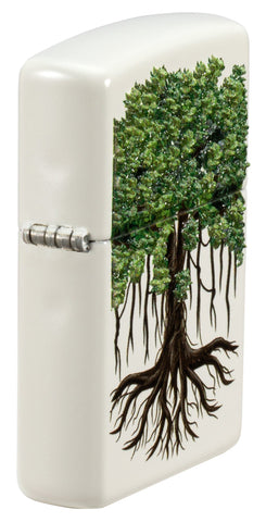 Front angled shot of Zippo Tree Life Design White Matte Windproof Lighter, showing the textured print.