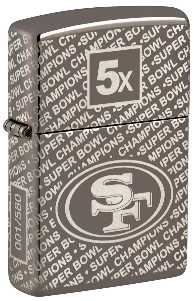Front shot of Zippo NFL San Francisco 49ers Super Bowl Commemorative Armor Black Ice Windproof Lighter standing at a 3/4 angle.