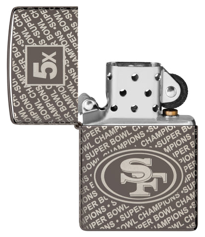 Zippo NFL San Francisco 49ers Super Bowl Commemorative Armor Black Ice Windproof Lighter with its lid open and unlit.
