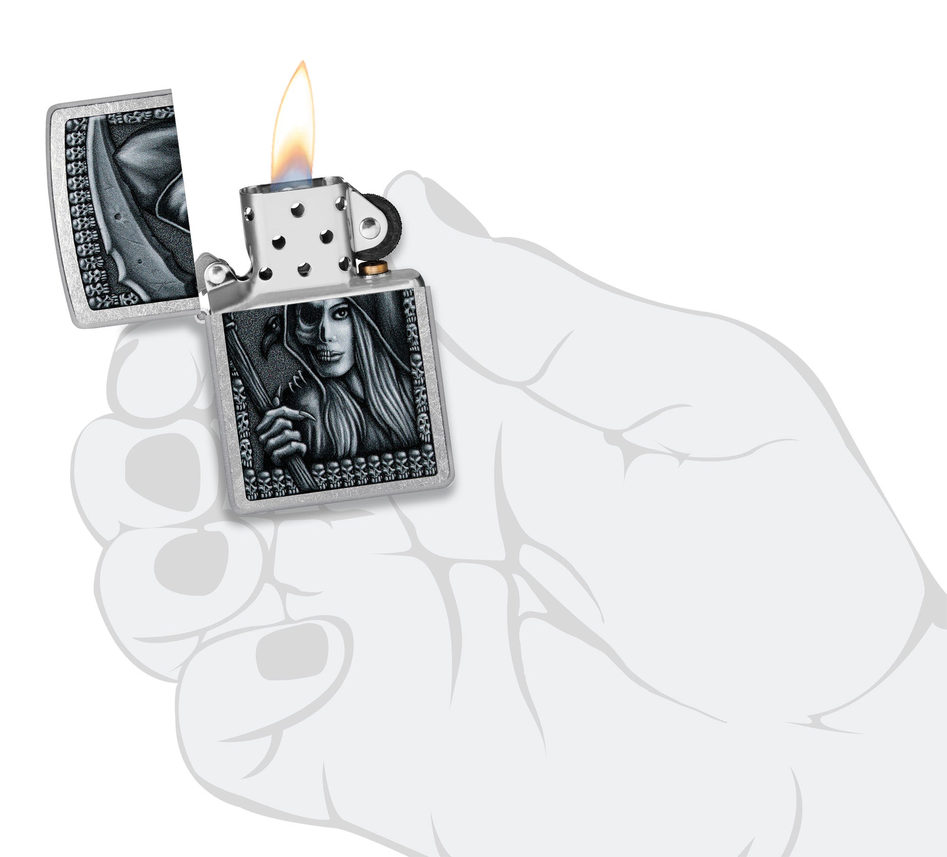 Zippo Grim Beauty Design Street Chrome Windproof Lighter lit in hand.