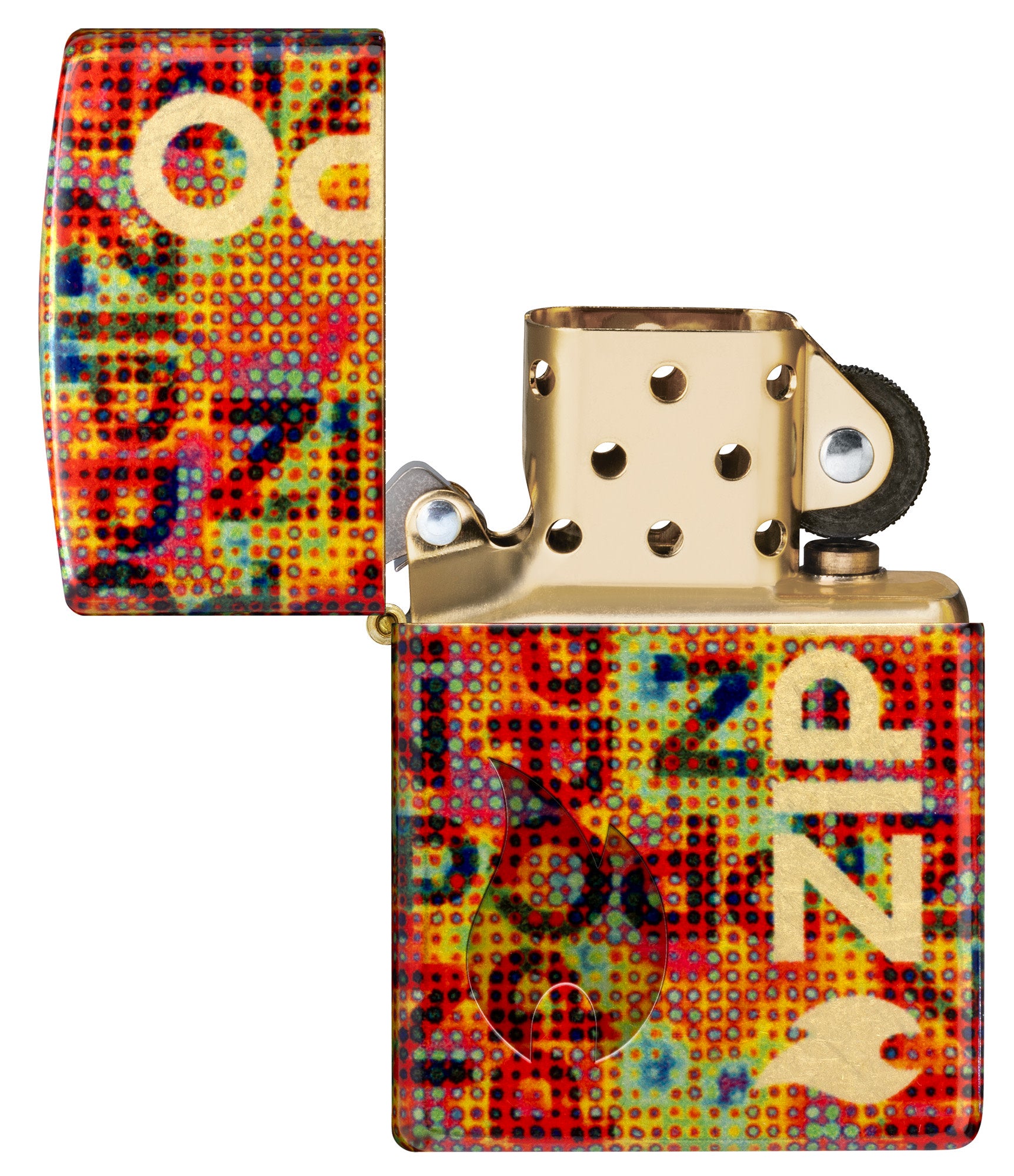 Zippo Pixel Fusion Design 540 Tumbled Brass Windproof Lighter with its lid open and unlit.