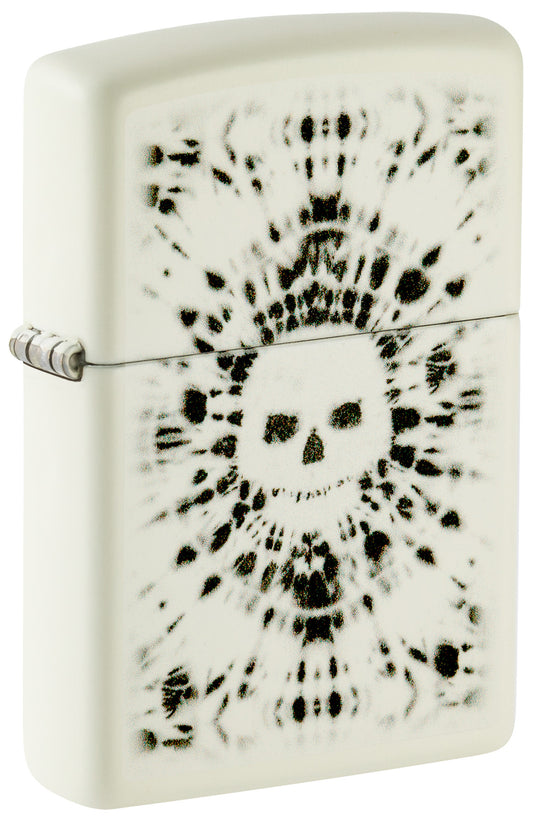 Front shot of Zippo Glowing Skull Design Glow in the Dark Windproof Lighter standing at a 3/4 angle.