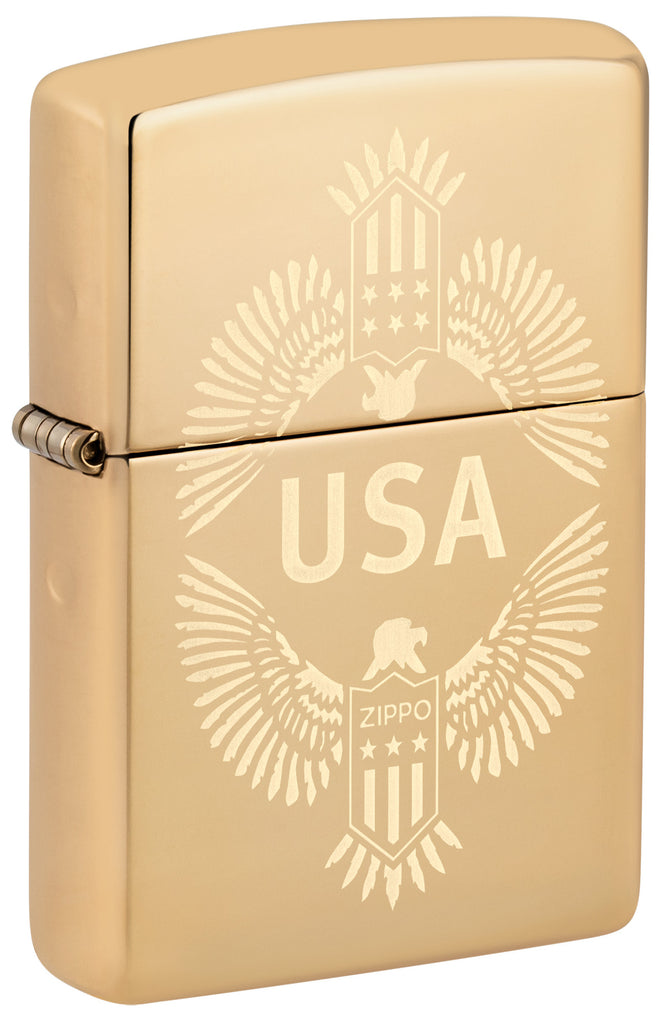 Front view of Zippo USA High Polish Brass Windproof Lighter standing at a 3/4 angle.