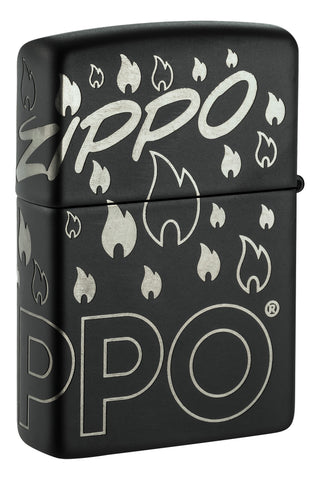 Back image of Zippo Design Black Matte with Chrome Windproof Lighter standing at a 3/4 angle.