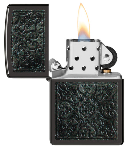 Zippo Pattern Design High Polish Black Windproof Lighter with its lid open and lit.