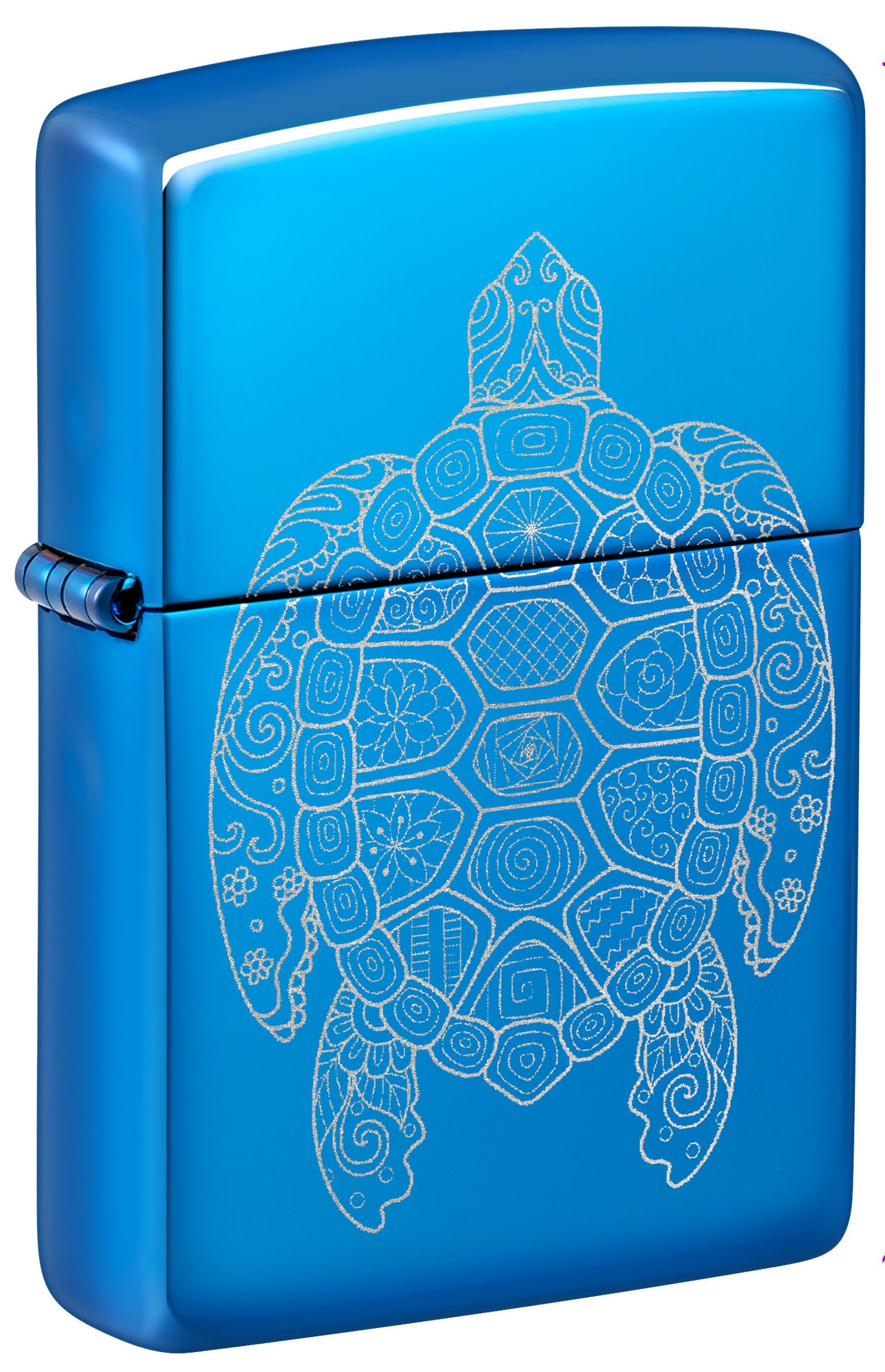 Front shot of Zippo Zen Turtle Design High Polish Blue Windproof Lighter standing at a 3/4 angle.