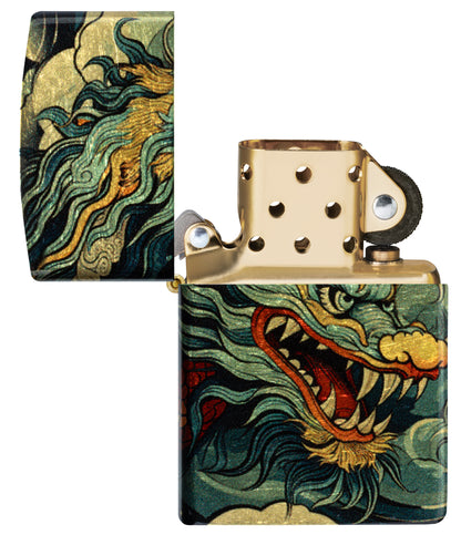 Zippo Dragon Fusion Design 540 Tumbled Brass Windproof Lighter with its lid open and unlit.