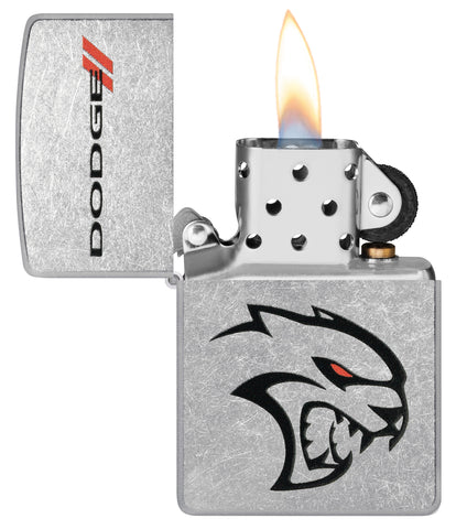 Zippo Dodge Street Chrome Windproof Lighter with its lid open and lit.