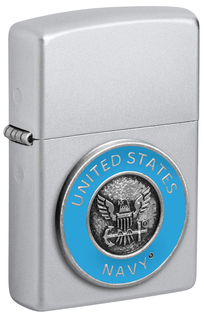 Front view of Zippo United States Navy® Emblem Satin Chrome Windproof Lighter standing at a 3/4 angle.