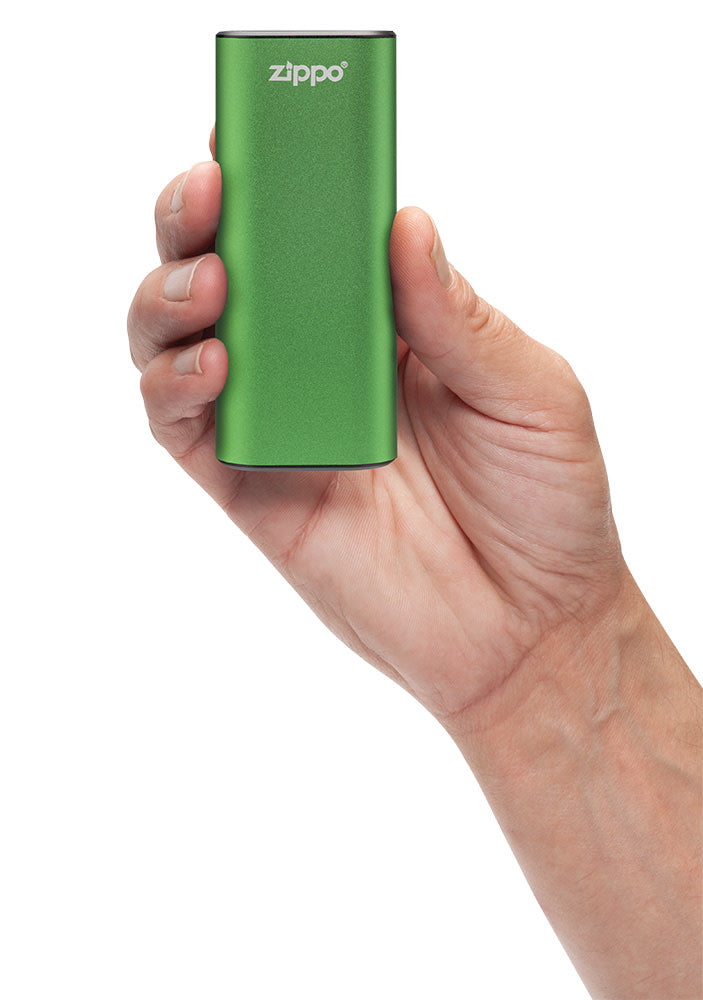 Green HeatBankÂ® 6 Rechargeable Hand Warmer in hand