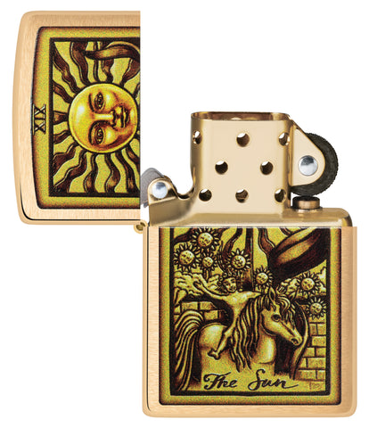 Zippo Tarot Card Brushed Brass Windproof Lighter with its lid open and unlit.