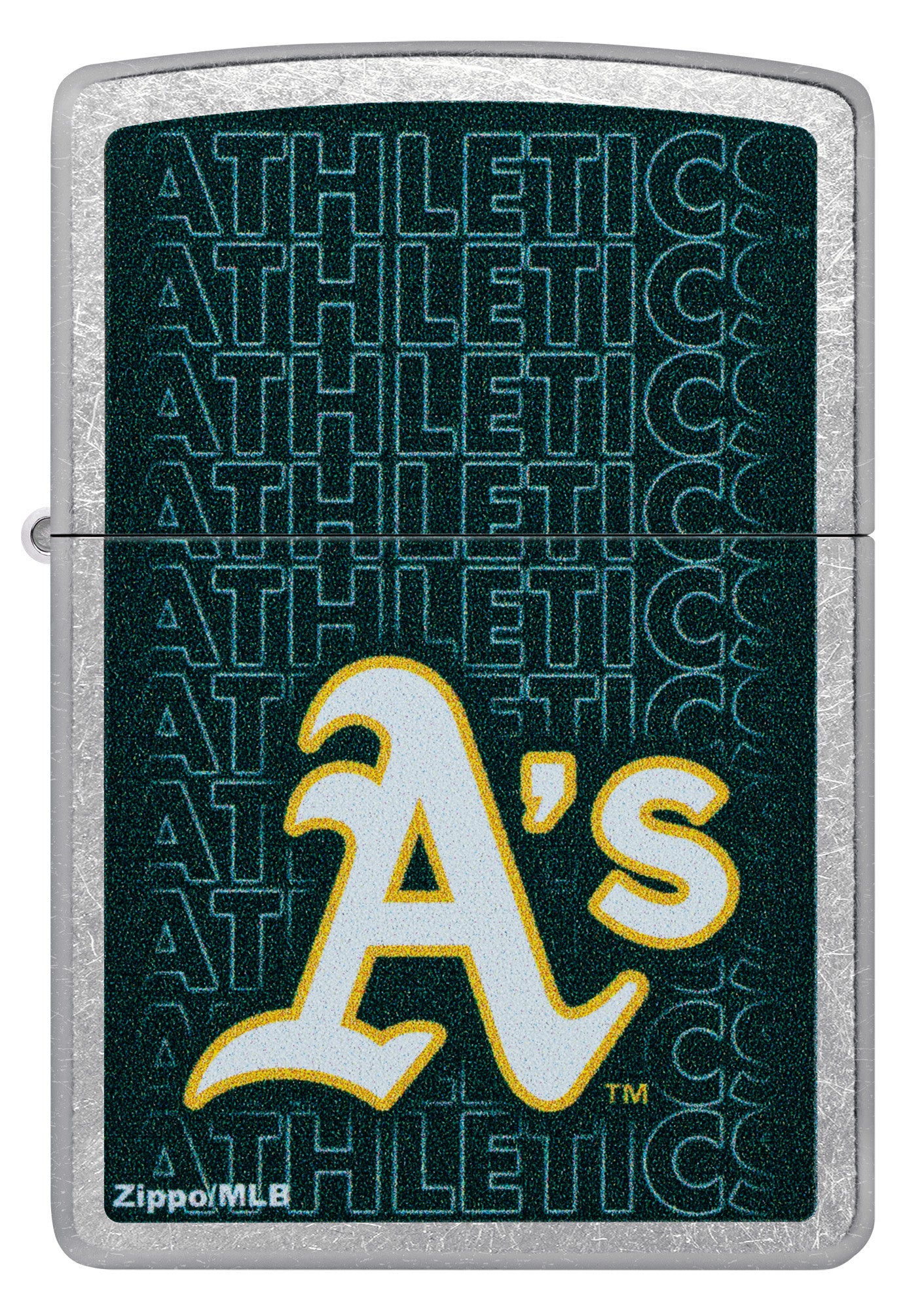 Front view of Zippo MLB® Oakland Athletics Street Chrome Windproof Lighter.