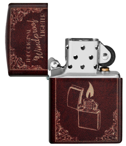 Zippo Storybook 540 Matte Windproof Lighter with its lid open and unlit.