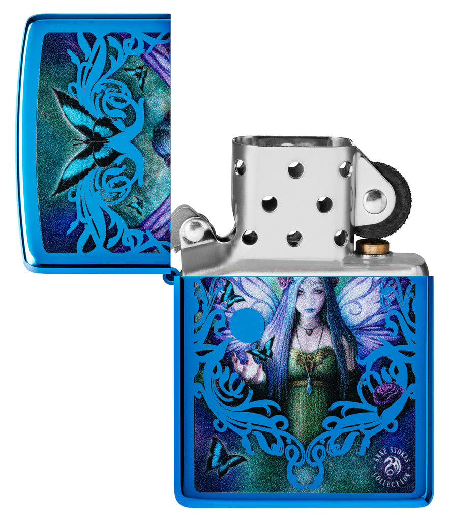 Zippo Anne Stokes Collection High Polish Blue Windproof Lighter with its lid open and unlit.