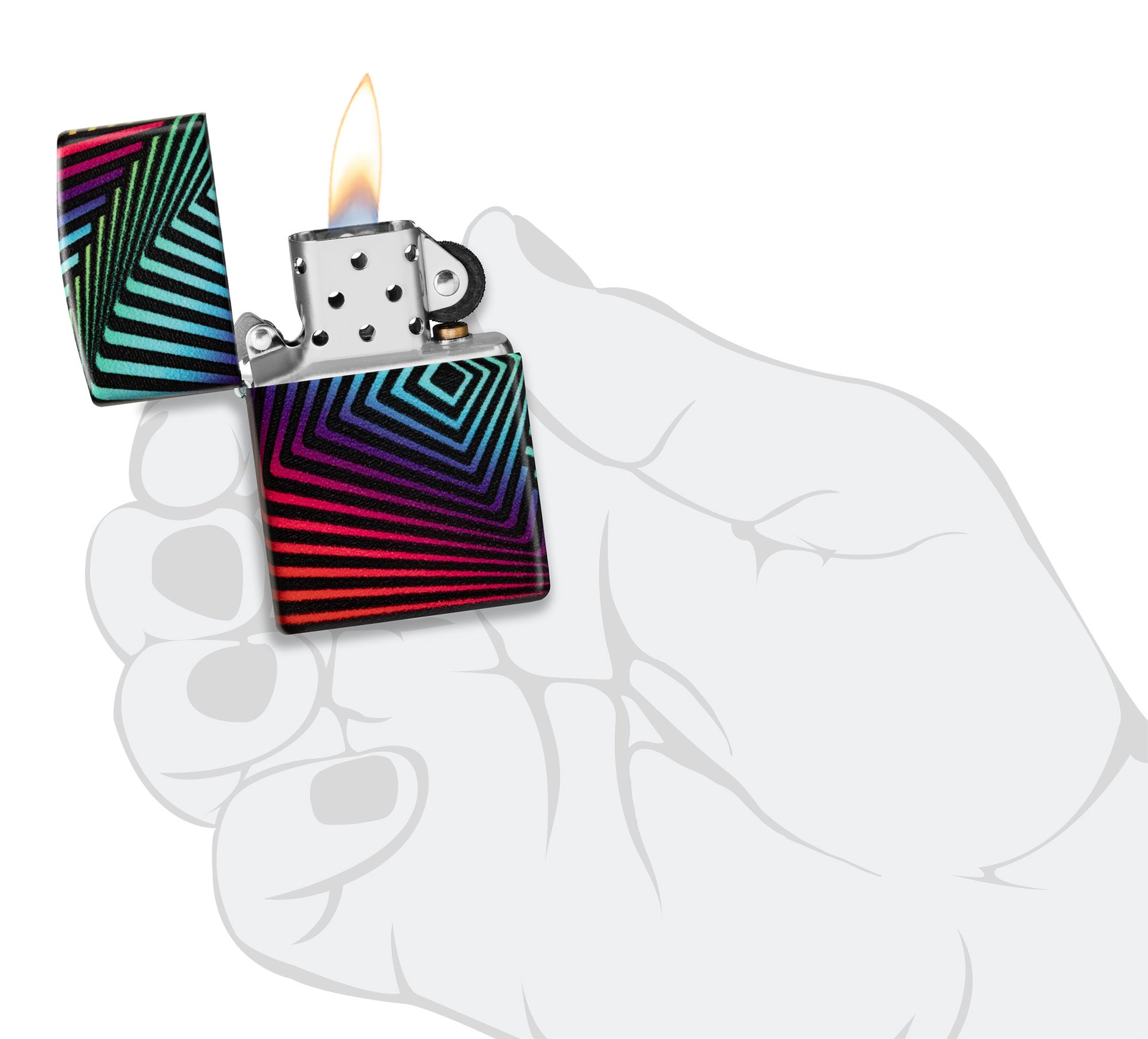 Zippo Rainbow Pattern Design 540 Color Windproof Lighter lit in hand.