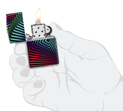 Zippo Rainbow Pattern Design 540 Color Windproof Lighter lit in hand.