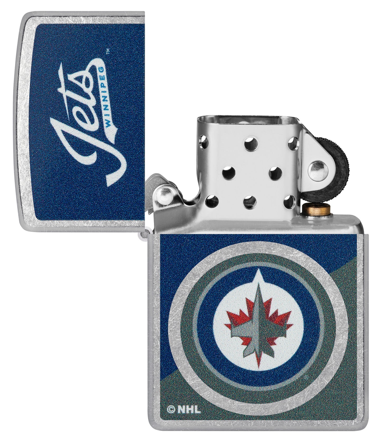 Zippo NHL® Winnipeg Jets™ 2024 Street Chrome™ Windproof Lighter lit in hand.