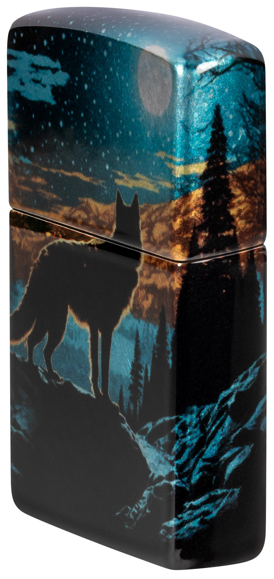 Angled shot of Zippo Moonlight Wolf Design 540 Tumbled Chrome Windproof Lighter showing the front and right side of the lighter.
